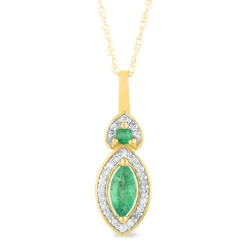 Emerald And Diamond Accent Marquise Halo Pendant In 10K Yellow Gold