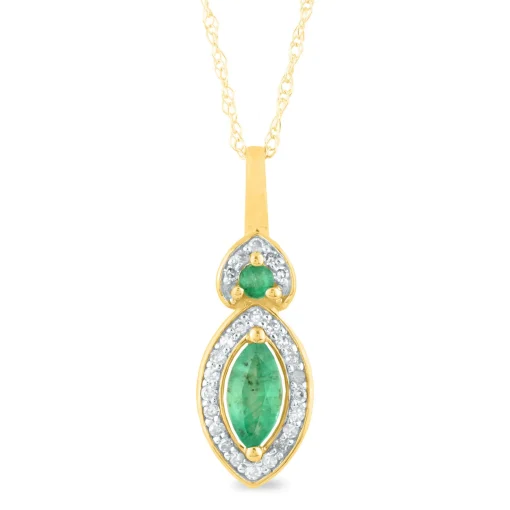 Emerald And Diamond Accent Marquise Halo Pendant In 10K Yellow Gold