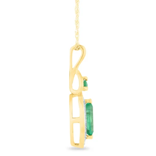 Emerald And Diamond Accent Marquise Halo Pendant In 10K Yellow Gold