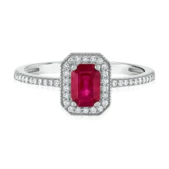 Emerald Cut Ruby & Diamond Ring In 14K Gold (1/7 Ct. Tw.)