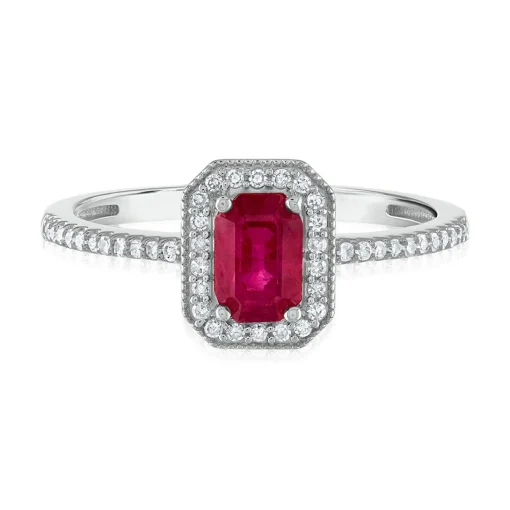 Emerald Cut Ruby & Diamond Ring In 14K Gold (1/7 Ct. Tw.)