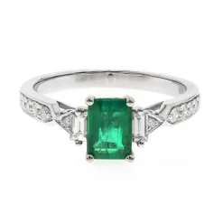 Emerald Ring With Fancy Baguette-Cut Diamonds In 10K White Gold