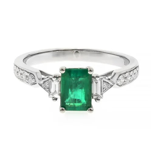 Emerald Ring With Fancy Baguette-Cut Diamonds In 10K White Gold