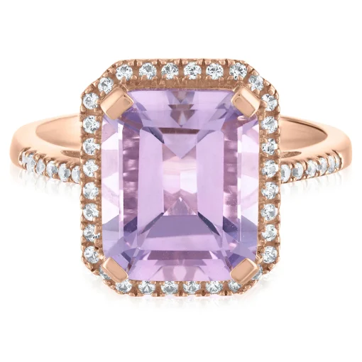 Emerald-Cut Amethyst And Lab Created White Sapphire Halo Ring In 10K Rose Gold