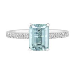 Emerald-Cut Aquamarine Ring With Diamond Side Stones In 14K White Gold (1/3 Ct. Tw.)