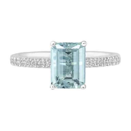 Emerald-Cut Aquamarine Ring With Diamond Side Stones In 14K White Gold (1/3 Ct. Tw.)