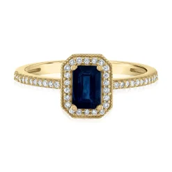 Emerald-Cut Blue Sapphire And Diamond Ring In 14K Yellow Gold (1/7 Ct. Tw.)