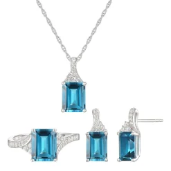 Emerald-Cut Blue Topaz Earrings, Pendant And Ring Set