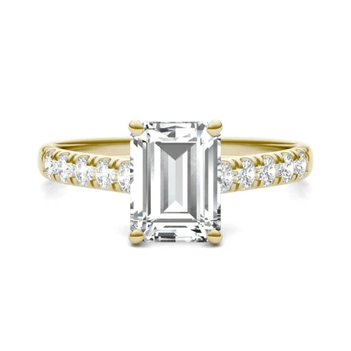 Emerald-Cut Lab Created Moissanite Ring With Side-Stones In 14K Yellow Gold