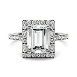 Emerald-Cut Moissanite Halo Ring With Pave Band In 14K White Gold (3 Ct. Tw.)