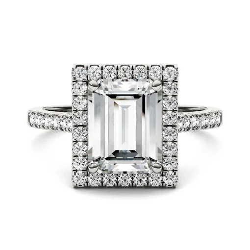 Emerald-Cut Moissanite Halo Ring With Pave Band In 14K White Gold (3 Ct. Tw.)