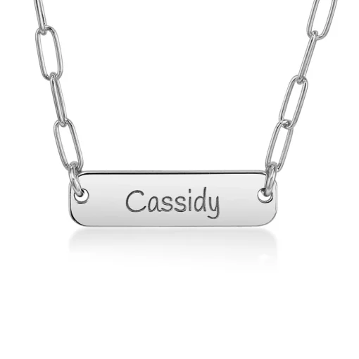Engravable Bar Necklace With Paperclip Chain In Sterling Silver, 18"
