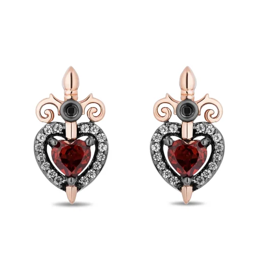 Evil Queen Diamond & Garnet Earrings In Sterling Silver And 10K Rose Gold (1/8 Ct. Tw.)
