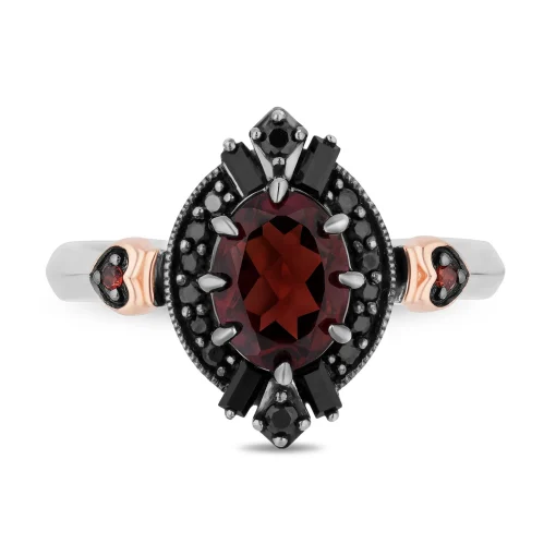 Evil Queen Diamond, Onyx And Garnet Ring In Sterling Silver And 10K Rose Gold (1/7 Ct. Tw.)
