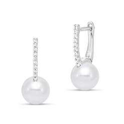 Freshwater Cultured Pearl And Diamond Earrings In 14K White Gold (1/10 Ct. Tw.)