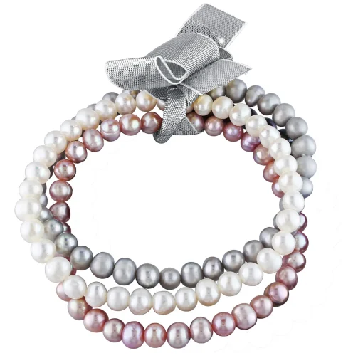 Freshwater Cultured Pearl Bangle Bracelet Set In Grey, Pink And White