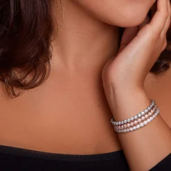 Freshwater Cultured Pearl Bangle Bracelet Set In Grey, Pink And White