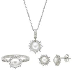 Freshwater Pearl & Lab Created White Sapphire Pendant, Earrings & Ring Boxed Set In Sterling Silver