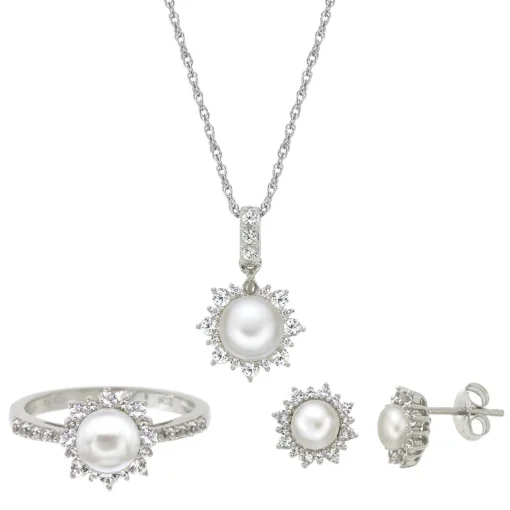 Freshwater Pearl & Lab Created White Sapphire Pendant, Earrings & Ring Boxed Set In Sterling Silver
