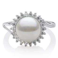 Freshwater Pearl & Lab Created Sapphire Ring In Sterling Silver