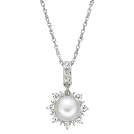 Freshwater Pearl & Lab Created White Sapphire Pendant, Earrings & Ring Boxed Set In Sterling Silver