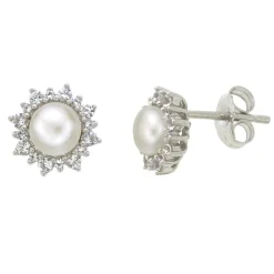 Freshwater Pearl & Lab Created White Sapphire Pendant, Earrings & Ring Boxed Set In Sterling Silver