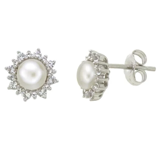 Freshwater Pearl & Lab Created White Sapphire Pendant, Earrings & Ring Boxed Set In Sterling Silver