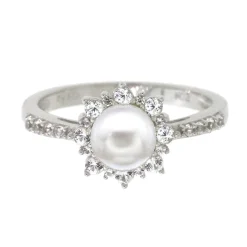 Freshwater Pearl & Lab Created White Sapphire Pendant, Earrings & Ring Boxed Set In Sterling Silver
