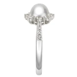 Freshwater Pearl & Lab Created White Sapphire Pendant, Earrings & Ring Boxed Set In Sterling Silver