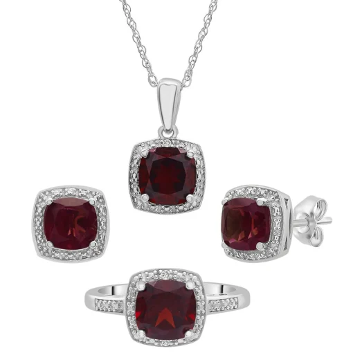 Garnet & Diamond Accent Cushion-Cut Halo Boxed Set In Sterling Silver