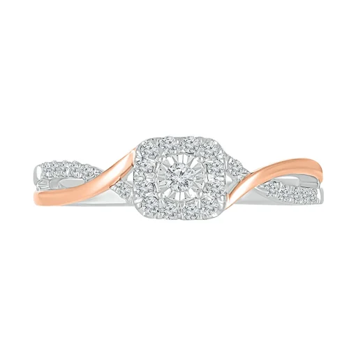 Halo Promise Ring With Diamond Twist Band In Sterling Silver & 10K Rose Gold (1/5 Ct. Tw.)