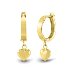 Huggie Hoop Earrings With Heart Dangle In 14K Yellow Gold