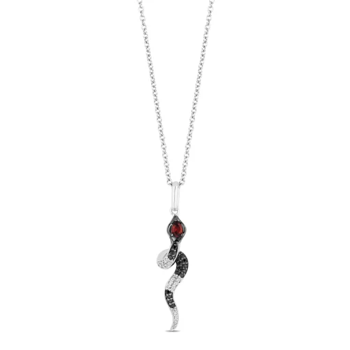 Jafar Diamond, Onyx And Garnet Snake Pendant In Sterling Silver