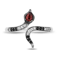 Jafar Diamond, Onyx And Garnet Snake Ring In Sterling Silver (1/10 Ct. Tw.)