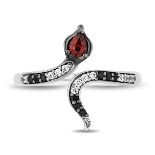 Jafar Diamond, Onyx And Garnet Snake Ring In Sterling Silver (1/10 Ct. Tw.)