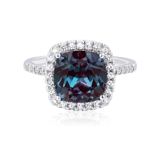 Lab Created Alexandrite Ring With Cushion Cut In Sterling Silver