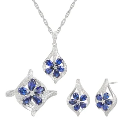 Lab Created Blue & White Sapphire Flower Earring, Pendant & Ring Set In Sterling Silver