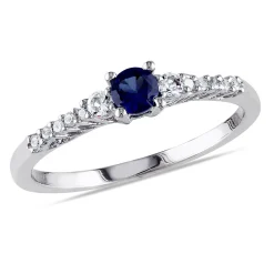 Lab Created Blue & White Sapphire & Diamond Ring In Sterling Silver