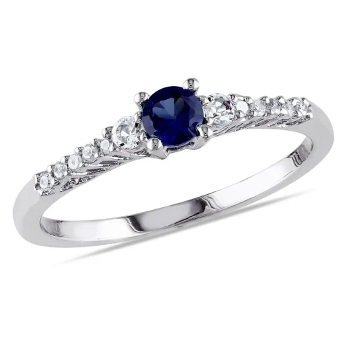 Lab Created Blue & White Sapphire & Diamond Ring In Sterling Silver