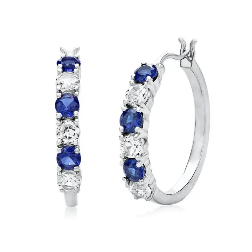 Lab Created Blue & White Sapphire Hoop Earrings In Sterling Silver