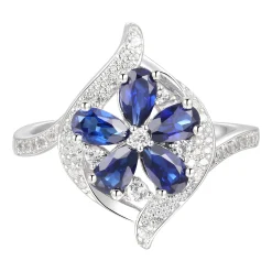 Lab Created Blue & White Sapphire Flower Earring, Pendant & Ring Set In Sterling Silver