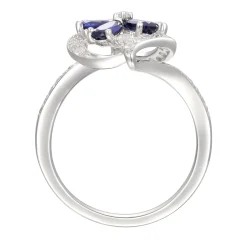 Lab Created Blue & White Sapphire Flower Earring, Pendant & Ring Set In Sterling Silver