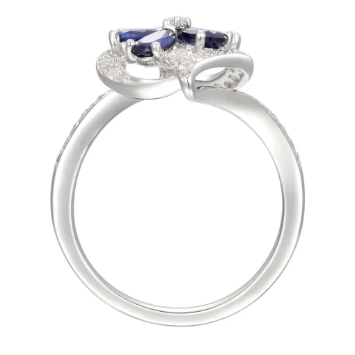 Lab Created Blue & White Sapphire Flower Earring, Pendant & Ring Set In Sterling Silver