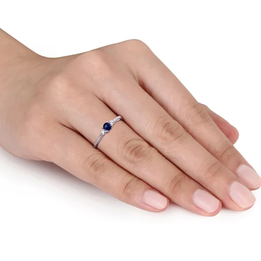 Lab Created Blue & White Sapphire & Diamond Ring In Sterling Silver