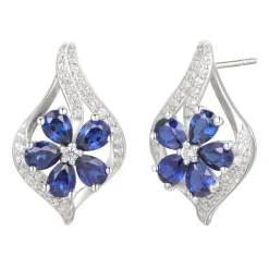 Lab Created Blue & White Sapphire Flower Earring, Pendant & Ring Set In Sterling Silver