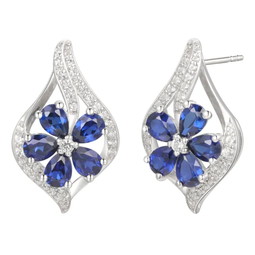 Lab Created Blue & White Sapphire Flower Earring, Pendant & Ring Set In Sterling Silver