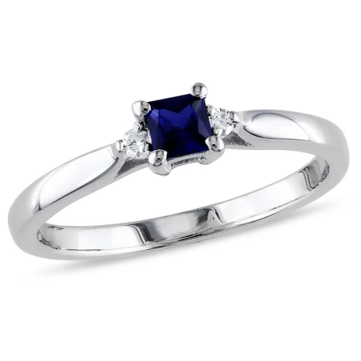 Lab Created Blue Sapphire & Diamond Ring In Sterling Silver