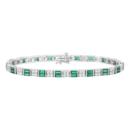 Lab Created Emerald & White Sapphire Bracelet In Sterling Silver