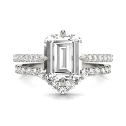 Lab Created Moissanite Emerald-Cut Engagement Ring Set In 14K White Gold