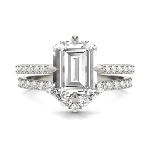 Lab Created Moissanite Emerald-Cut Engagement Ring Set In 14K White Gold